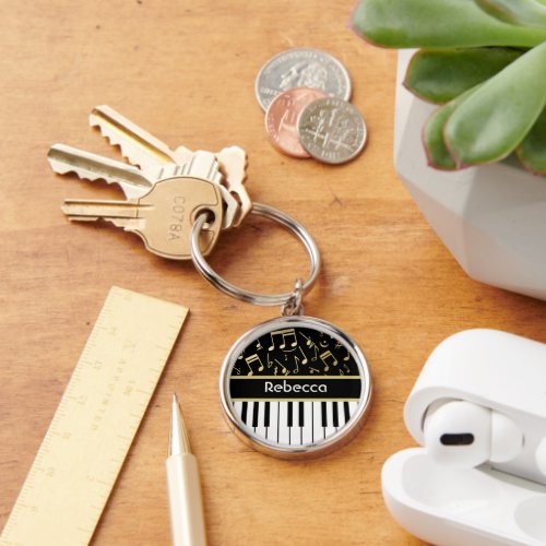Musical Notes and Piano Keys Black and Gold Keychain