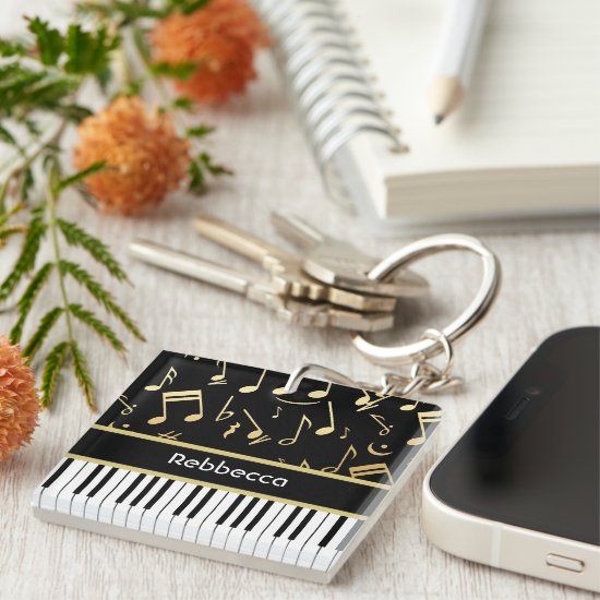 Musical Notes and Piano Keys Black and Gold Keychain
