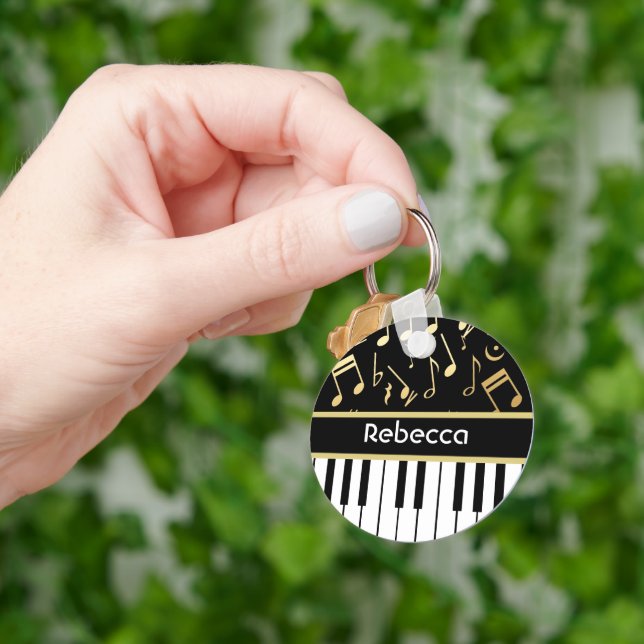 Musical Notes and Piano Keys Black and Gold Keychain (Hand)