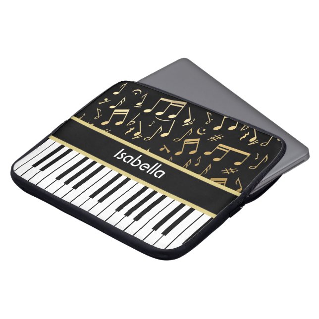 Musical Notes and Piano Keys Black and Gold Laptop Sleeve (Front Top)