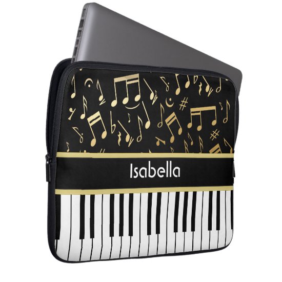 Musical Notes and Piano Keys Black and Gold Laptop Sleeve