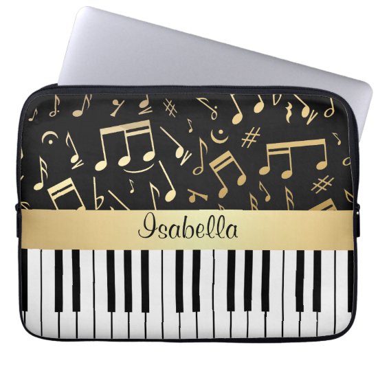 Musical Notes and Piano Keys Black and Gold Laptop Sleeve
