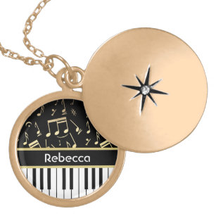 Musical Notes and Piano Keys Black and Gold Locket Necklace