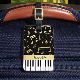 Musical Notes and Piano Keys Black and Gold Luggage Tag