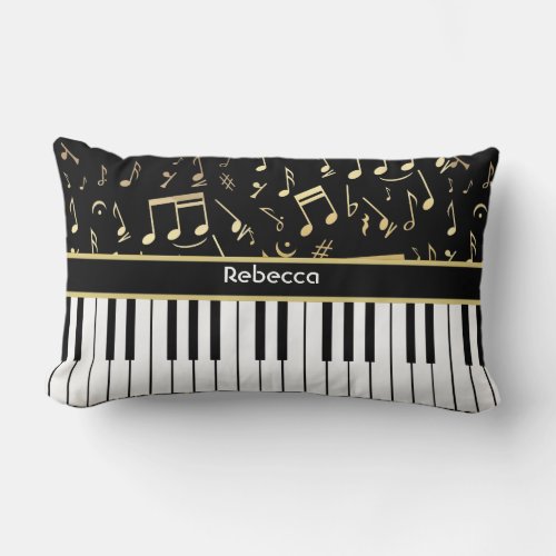 Musical Notes and Piano Keys Black and Gold Lumbar Pillow