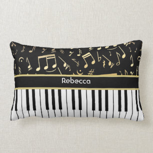 Musical Notes and Piano Keys Black and Gold Lumbar Pillow