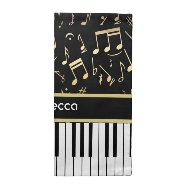 Musical Notes and Piano Keys Black and Gold Napkin (Half Fold)
