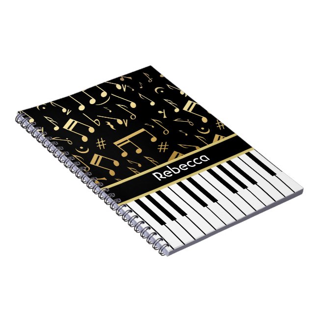 Musical Notes and Piano Keys Black and Gold Notebook (Right Side)