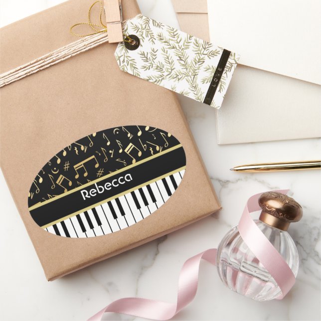 Musical Notes and Piano Keys Black and Gold Oval Sticker (Gifting)