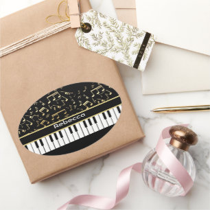 Musical Notes and Piano Keys Black and Gold Oval Sticker