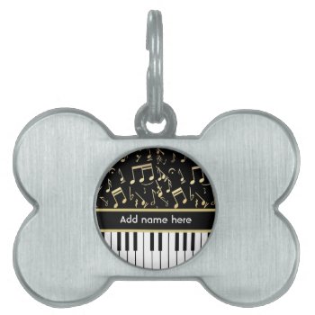Musical Notes And Piano Keys Black And Gold Pet Name Tag by giftsbonanza at Zazzle