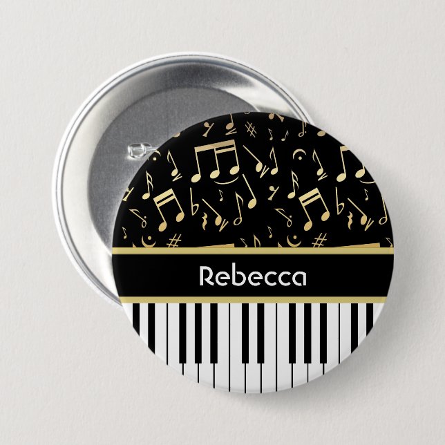 Musical Notes and Piano Keys Black and Gold Pinback Button (Front & Back)