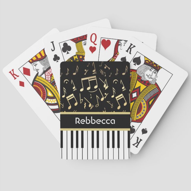 Musical Notes and Piano Keys Black and Gold Poker Cards (Back)
