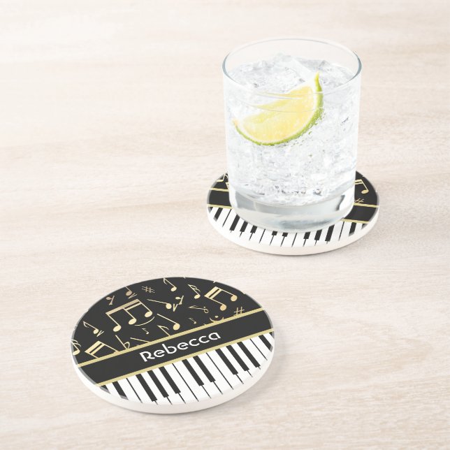 Musical Notes and Piano Keys Black and Gold Sandstone Coaster (Side)
