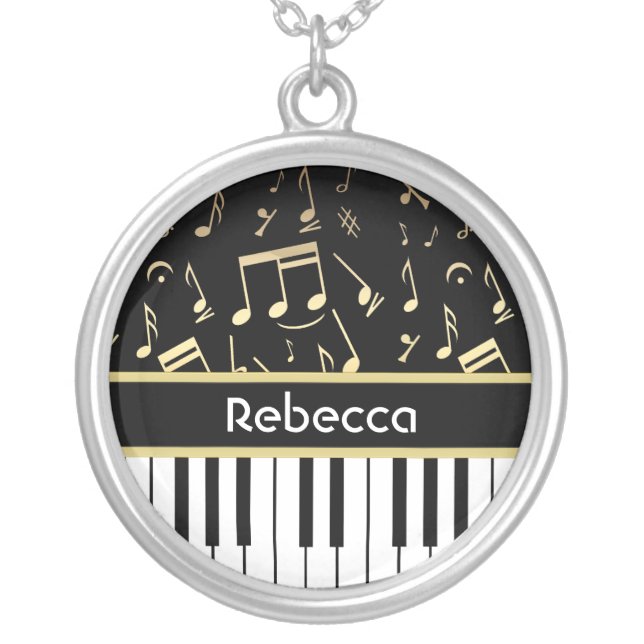 Musical Notes and Piano Keys Black and Gold Silver Plated Necklace (Front)
