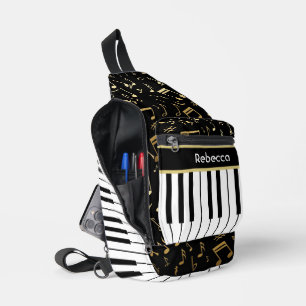 Musical Notes and Piano Keys Black and Gold Sling Bag