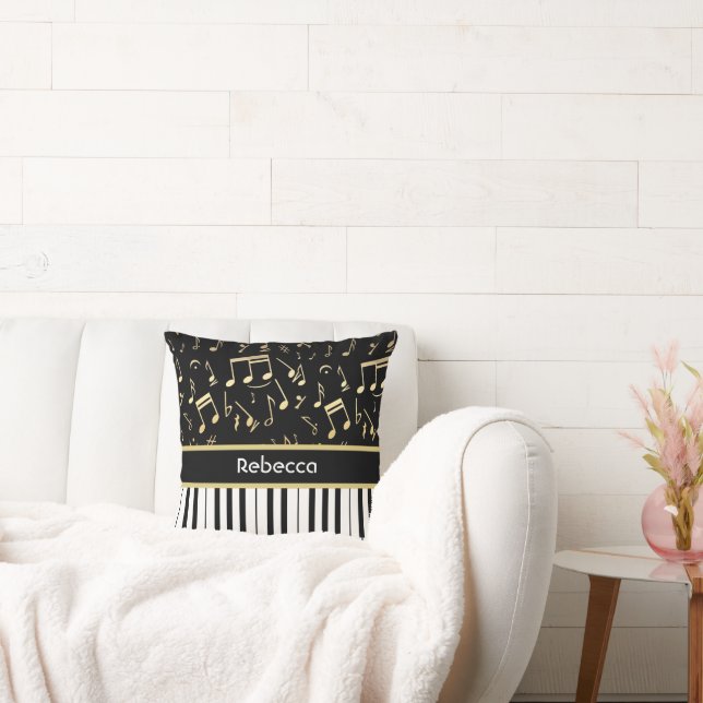Musical Notes and Piano Keys Black and Gold Throw Pillow (Couch)
