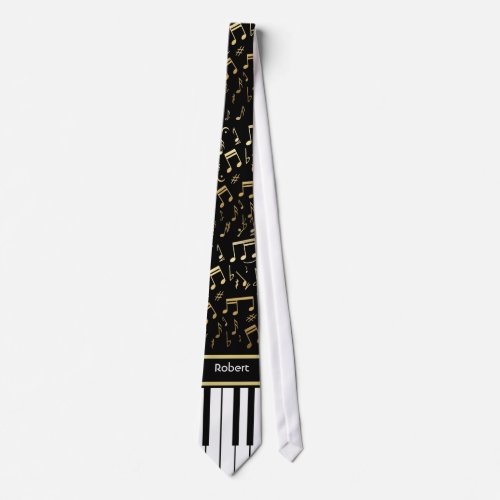Musical Notes and Piano Keys Black and Gold Tie