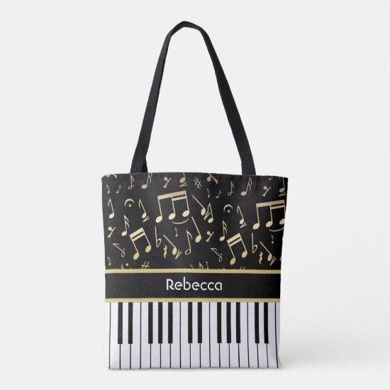 Musical Notes and Piano Keys Black and Gold Tote Bag