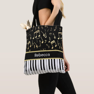 Musical Notes and Piano Keys Black and Gold Tote Bag