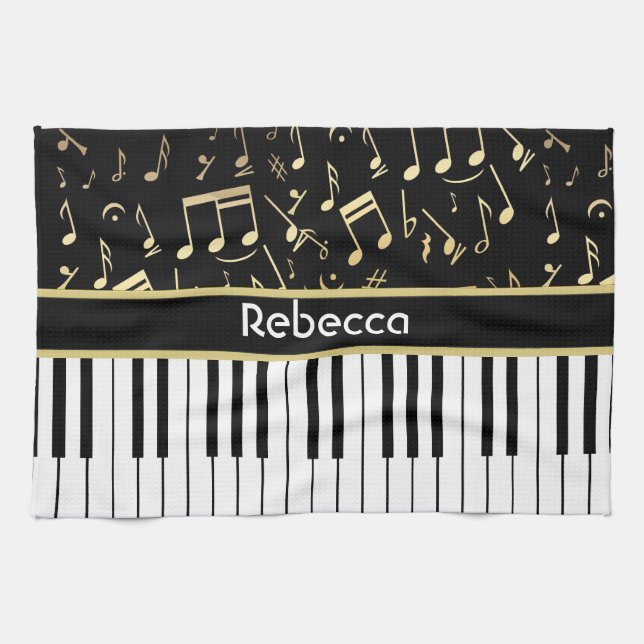 Musical Notes and Piano Keys Black and Gold Towel (Horizontal)