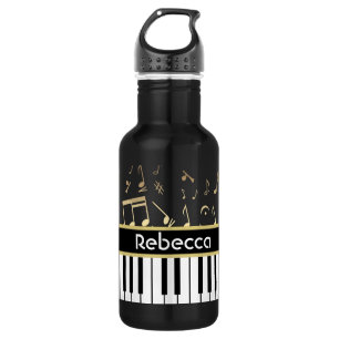 Musical Notes and Piano Keys Black and Gold Water Bottle