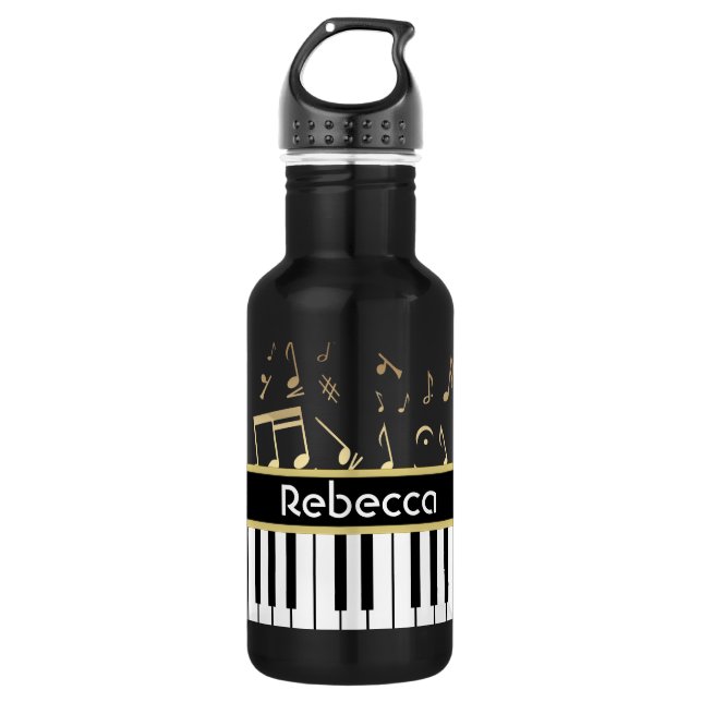 Musical Notes and Piano Keys Black and Gold Water Bottle (Front)