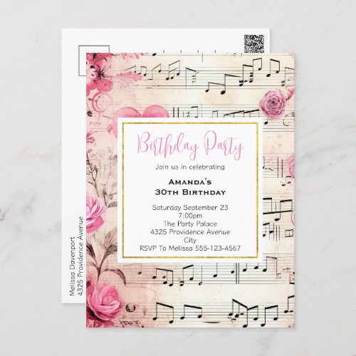 Musical Notes and Roses Vintage Birthday Invite