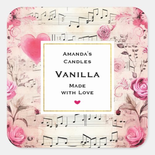 Musical Notes and Roses Vintage Candle Business Square Sticker