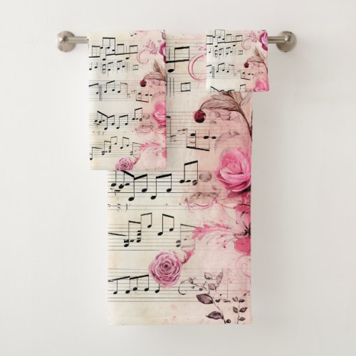 Musical Notes and Roses Vintage Design Bath Towel Set