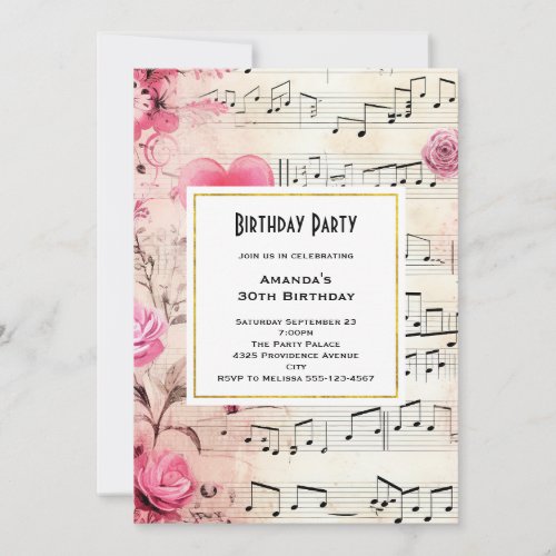 Musical Notes and Roses Vintage Design Birthday Invitation