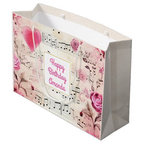 Musical Notes and Roses Vintage Design Birthday Large Gift Bag