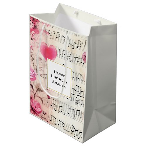 Musical Notes and Roses Vintage Design Birthday Medium Gift Bag