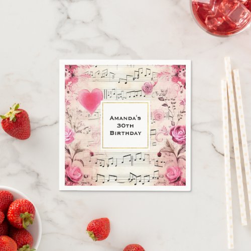 Musical Notes and Roses Vintage Design Birthday Napkins