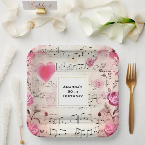 Musical Notes and Roses Vintage Design Birthday Paper Plates