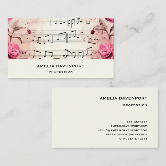 Musical Notes and Roses Vintage Design Business Card (Front/Back)