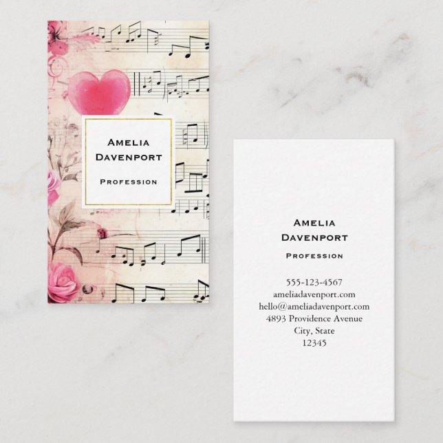 Musical Notes and Roses Vintage Design Business Card (Front/Back)