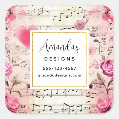 Musical Notes and Roses Vintage Design Business Square Sticker