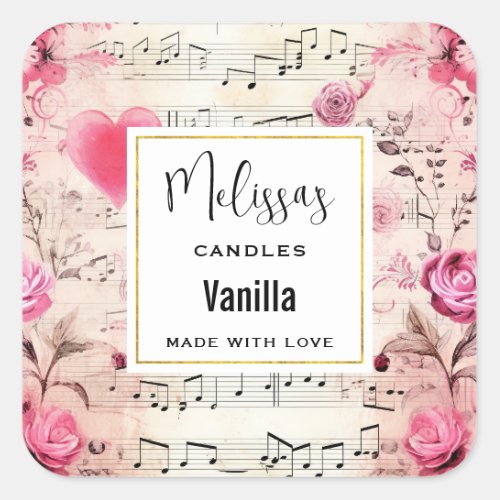 Musical Notes and Roses Vintage Design Candle Biz Square Sticker