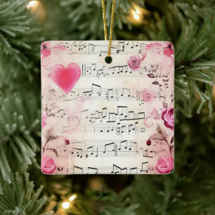 Musical Notes and Roses Vintage Design Ceramic Ornament