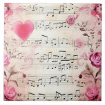Musical Notes and Roses Vintage Design Ceramic Tile<br><div class="desc">Ceramic tile with a elegant and nostalgic design. Music sheet decorated with a big pink heart and pink roses and wildflowers around the edges.</div>