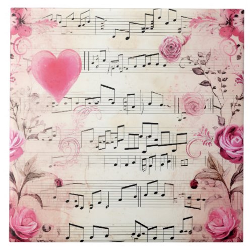 Musical Notes and Roses Vintage Design Ceramic Tile