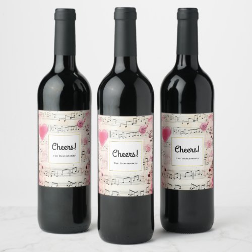 Musical Notes and Roses Vintage Design Cheers Wine Label