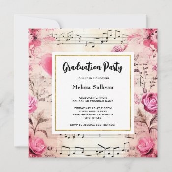 Musical Notes And Roses Vintage Design Graduation Invitation by Mirribug at Zazzle