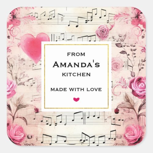 Musical Notes and Roses Vintage Design Kitchen Square Sticker
