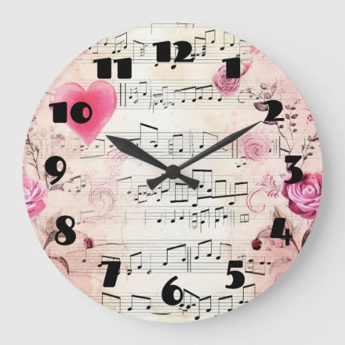 Musical Notes and Roses Vintage Design Large Clock