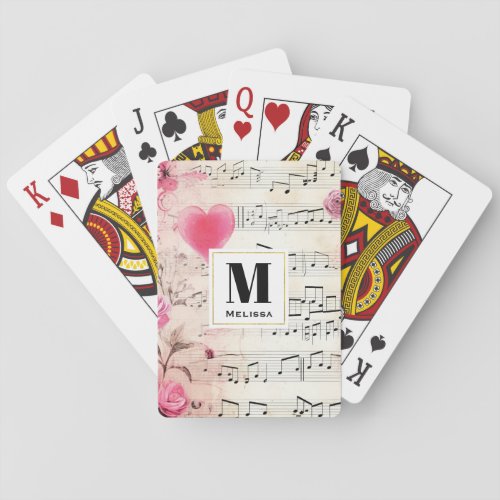 Musical Notes and Roses Vintage Design Monogram Playing Cards