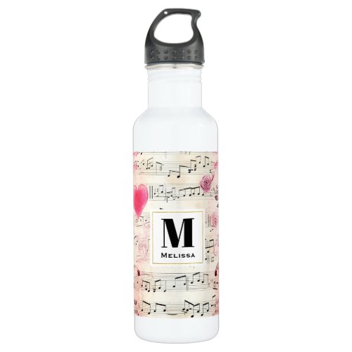 Musical Notes and Roses Vintage Design Monogram Stainless Steel Water Bottle