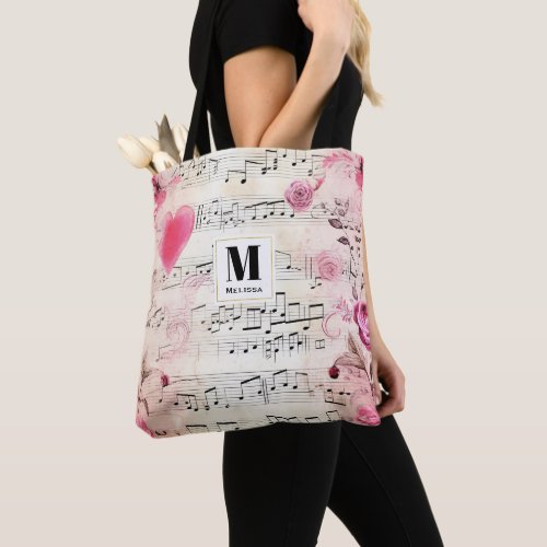 Musical Notes and Roses Vintage Design Monogram Tote Bag