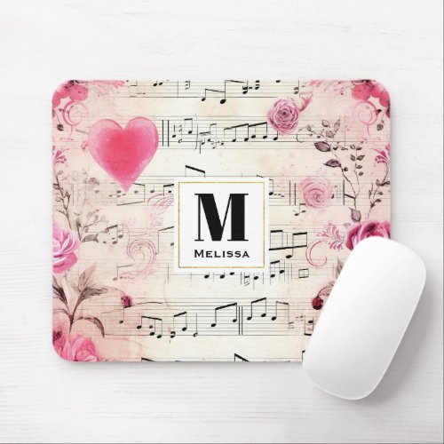 Musical Notes and Roses Vintage Design Mouse Pad